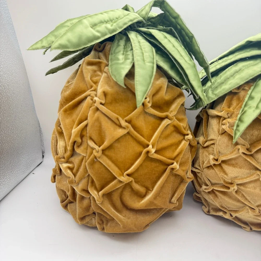 MWW Market Velvet Pineapple Decorative Pillows Gold Green Tropical Decor Set 2